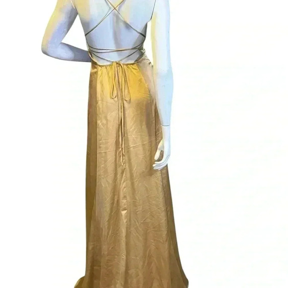 Show Me Your Mumu Godshaw Goddess Tie Back Gown True Gold Luxe Satin’s Dress. - Picture 10 of 12